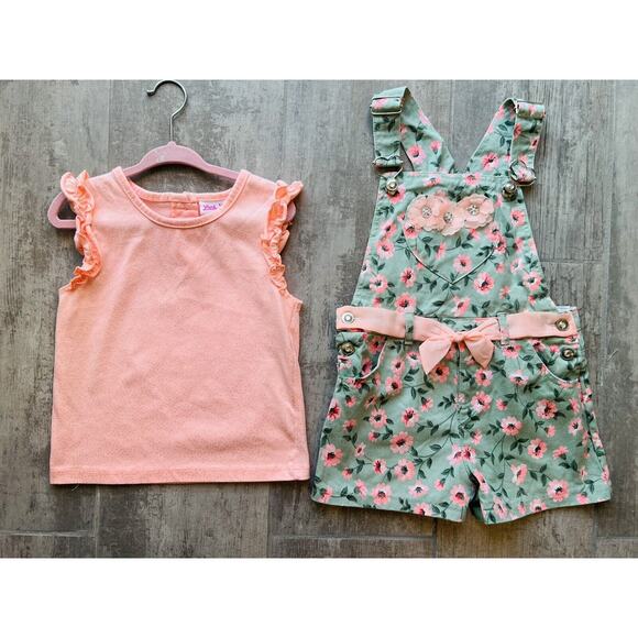 LITTLE LASS Girls 2 Piece Outfit Set Overalls Shortalls Designer Floral Denim 6 - Picture 3 of 7